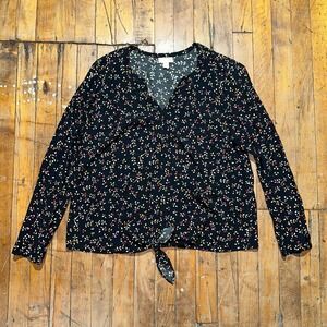 J. Jill Blouse Top Women Size PM Black Floral Rayon Long Sleeve V Neck Tie Front